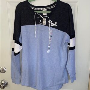 PINK Victoria's Secret  NWT Black and Light Blue Lace-Up Top Large